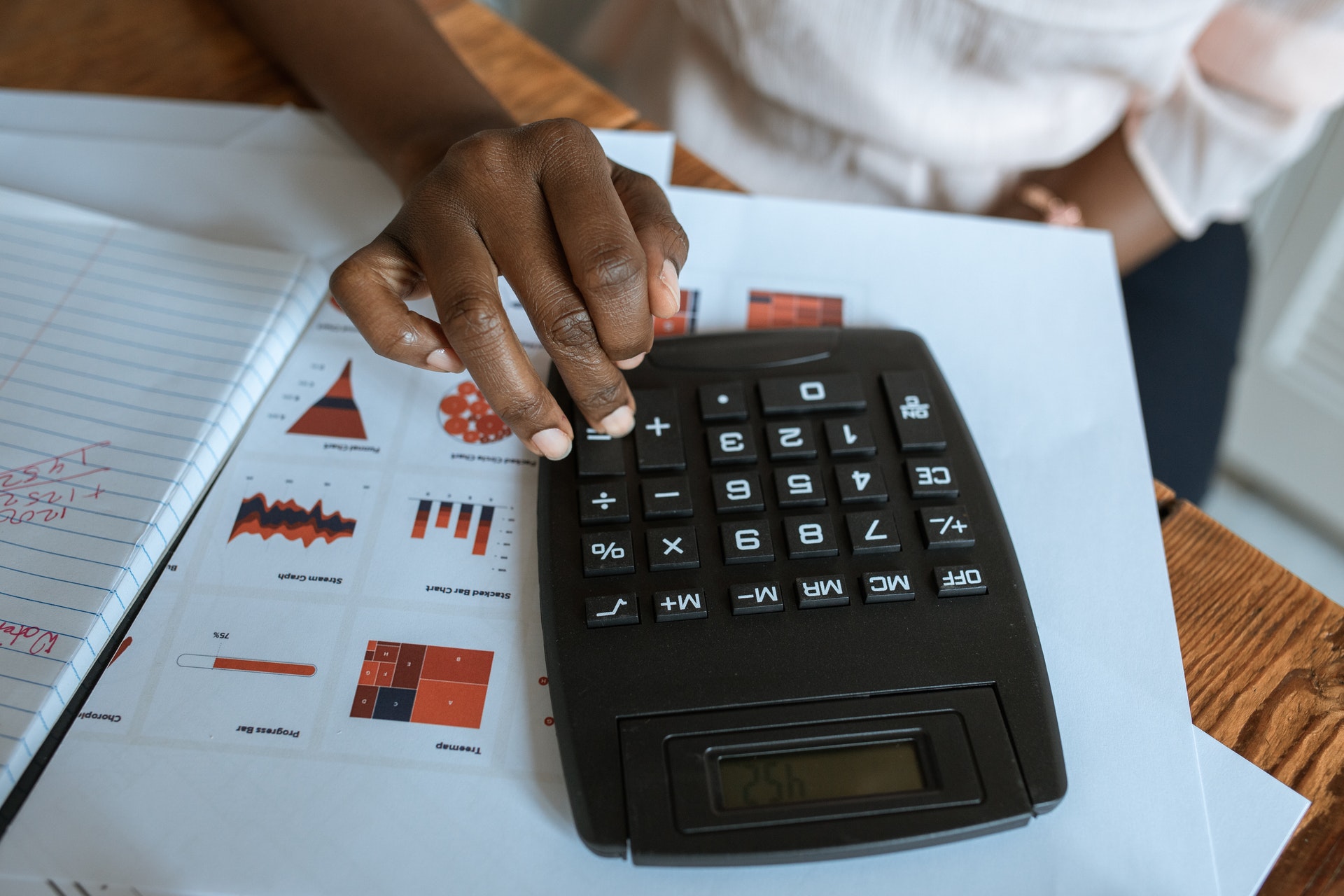 gestão financeira - pessoa utilizando calculadora em uma mesa com papéis contendo gráficos e dados financeiros