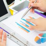 gestão de indicadores - mãos apontando para gráficos impressos em um fichário