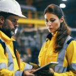gestão de operações - homem e mulher com roupas e equipamentos de proteção conversando e olhando para tablets em um ambiente industrial