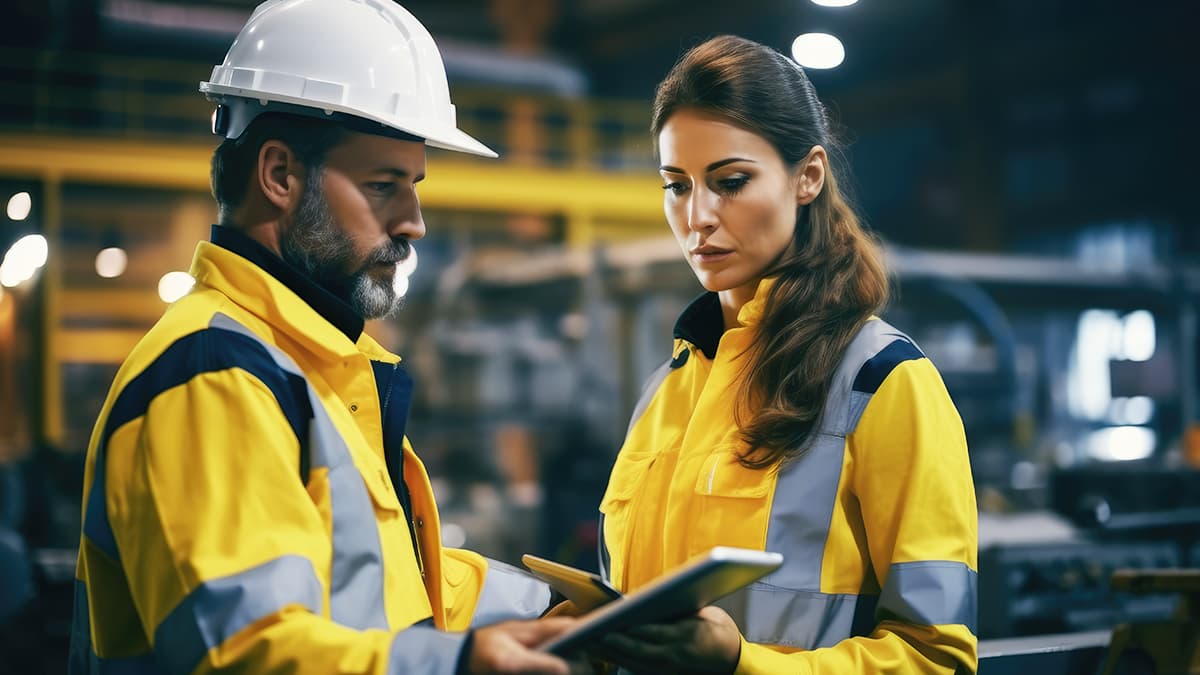 gestão de operações - homem e mulher com roupas e equipamentos de proteção conversando e olhando para tablets em um ambiente industrial