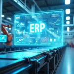 produção industrial - imagem de uma linha de produção e um holograma com a palavra ERP em cima da esteira