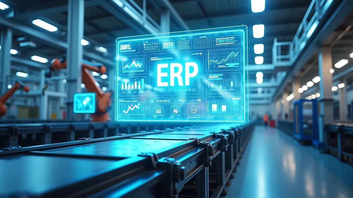 produção industrial - imagem de uma linha de produção e um holograma com a palavra ERP em cima da esteira