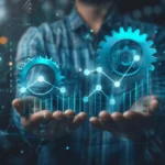 eficiência produtiva - pessoa com as mãos estendidas e sobre elas gráficos de crescimento de produtividade