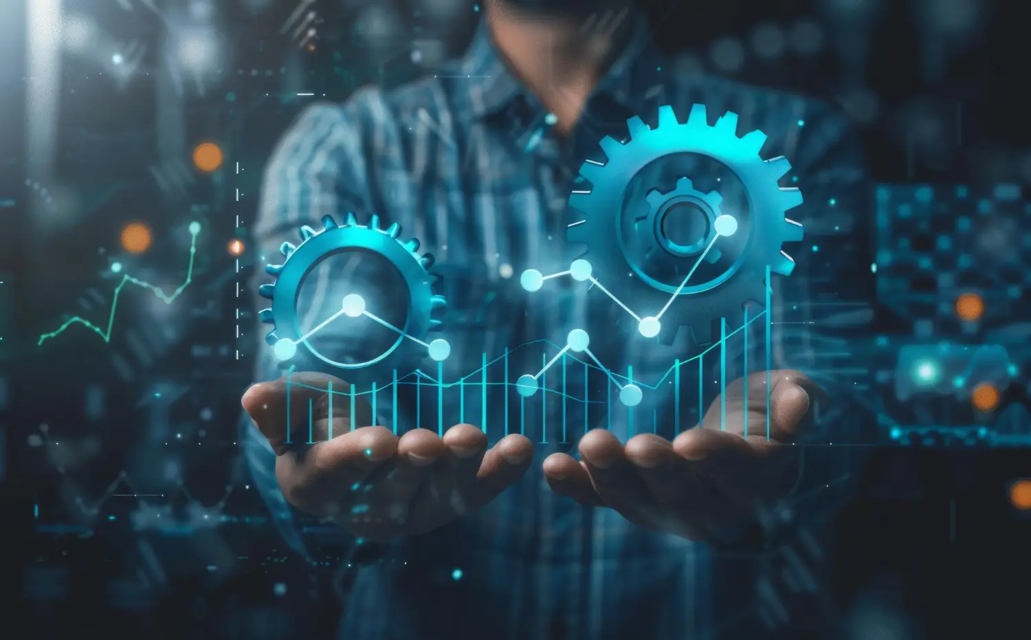 eficiência produtiva - pessoa com as mãos estendidas e sobre elas gráficos de crescimento de produtividade
