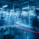 desperdícios na produção industrial - imagem de uma linha de produção com linhas que representam velocidade e eficiência