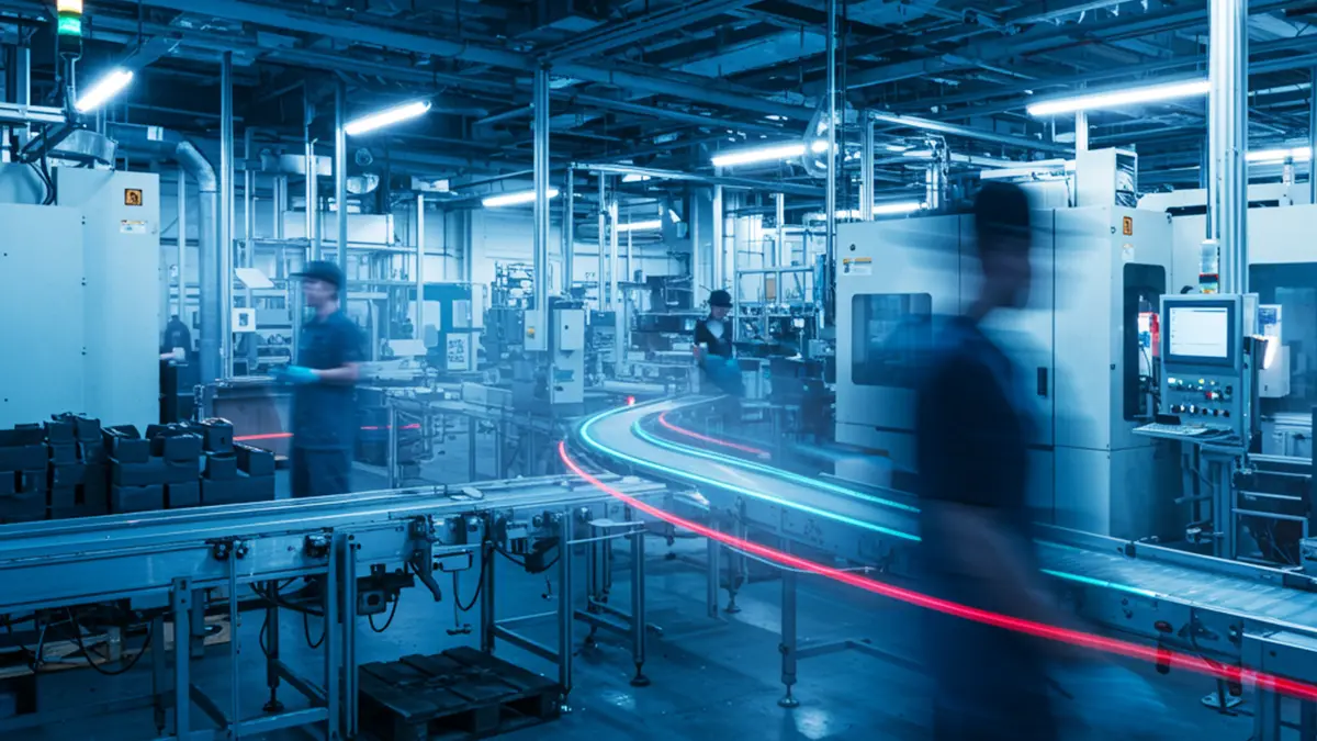 desperdícios na produção industrial - imagem de uma linha de produção com linhas que representam velocidade e eficiência