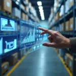 ERP na cadeia de suprimentos - imagem de uma mão tocando em hologramas de gráficos e ao fundo o estoque de uma empresa