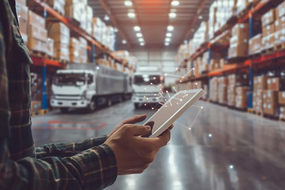 logística 5.0 - imagem de uma pessoa segurando um tablet e ao fundo caminhões em um estoque de distribuição