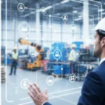 mapeamento de processos - pessoa em ambiente industrial interagindo com ícones holográficos que mostram um processo fabril