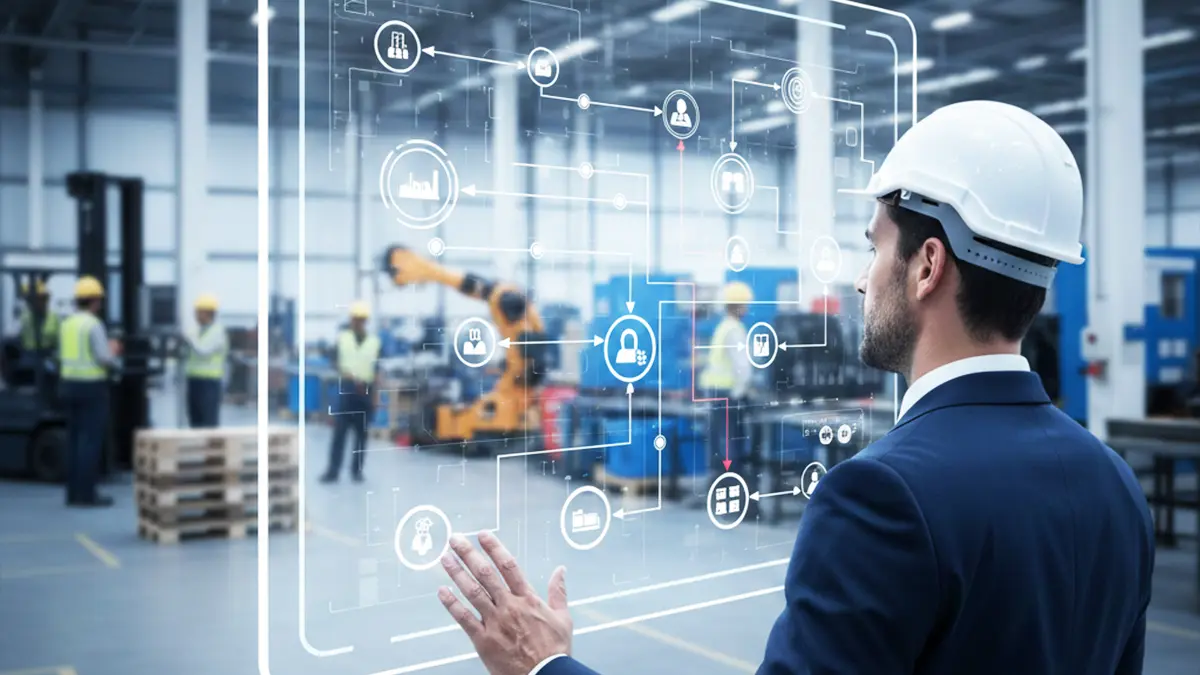 mapeamento de processos - pessoa em ambiente industrial interagindo com ícones holográficos que mostram um processo fabril