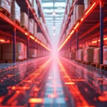 tendências para supply chain - imagem de um estoque com itens em caixas e luzes neon percorrendo o corredor