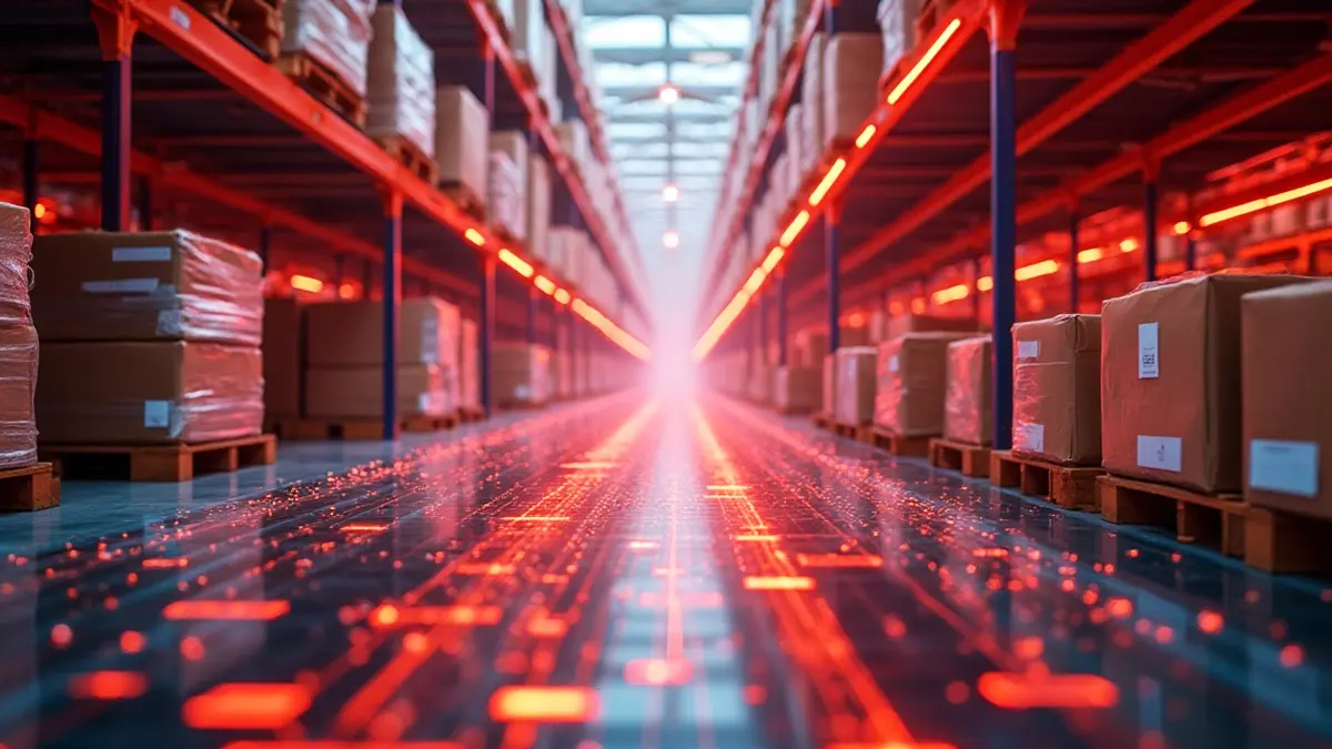 tendências para supply chain - imagem de um estoque com itens em caixas e luzes neon percorrendo o corredor