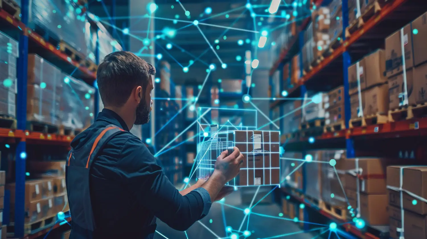 digitalização na logística - homem em um armazém interagindo com uma caixa que está suspensa por hologramas que se conectam demonstrando integração e modernidade na logística