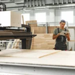 Gestão de ordens de produção para móveis - Homem na produção de móveis verificando ordens de produção em um tablet em frente a uma máquina CNC