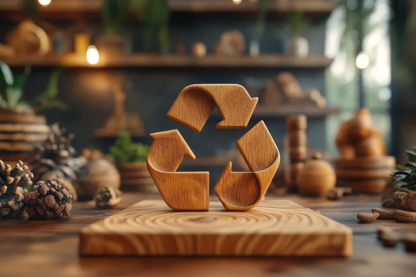 Sustentabilidade no setor moveleiro - imagem de um símbolo de reciclagem em madeira